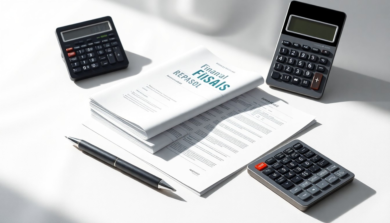 A high-end studio still life photograph featuring a stack of financial reports, a pen, and a calculator arranged elegantly on a clean white background, conceptually representing the abstract concepts of corporate finance and market performance.
