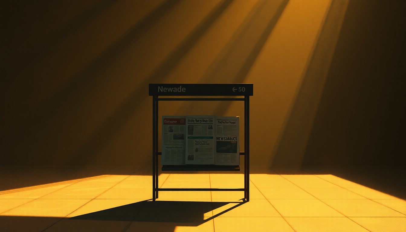 A serene, cinematic painting of a lone newspaper stand or newsrack on a city street, with warm sunlight casting deep shadows across the scene, capturing the quiet melancholy of the local news industry's challenges.