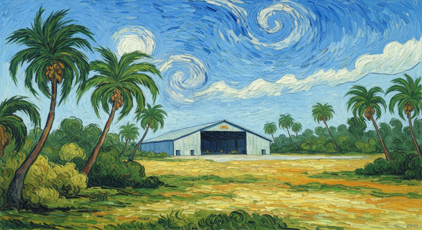 A heavily textured oil painting in the style of Van Gogh, depicting a small airport hangar surrounded by swirling palm trees and a vibrant blue sky, conveying the energy and spirit of Agape Flights' humanitarian work.