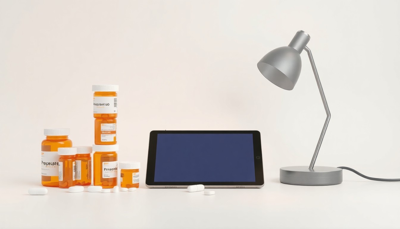 A high-end, photorealistic studio still-life photograph featuring a stack of prescription pill bottles, a digital tablet, and a modern desk lamp on a clean, monochromatic background, conceptually representing the expansion of an online pharmacy business.