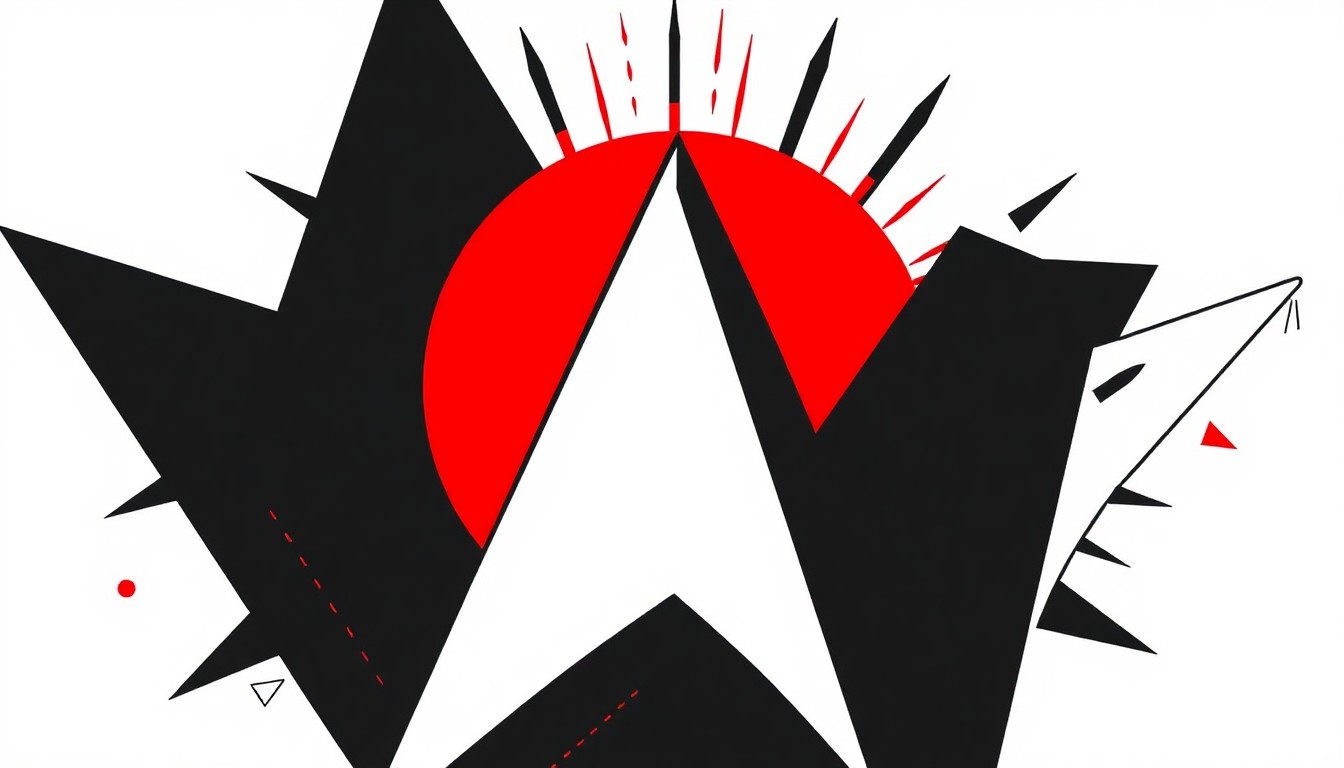 An abstract, minimalist illustration featuring stark black silhouettes of jagged, geometric shapes against a bright red background, conceptually representing the vibrant atmosphere of the Coachella music festival.