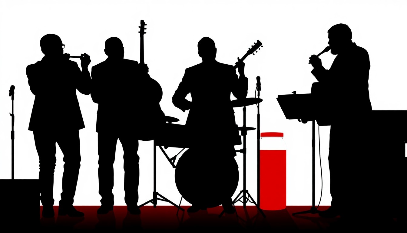 A minimalist, abstract illustration featuring jagged black silhouettes of musical instruments against a bright red background, conveying the energy and artistry of a jazz performance.