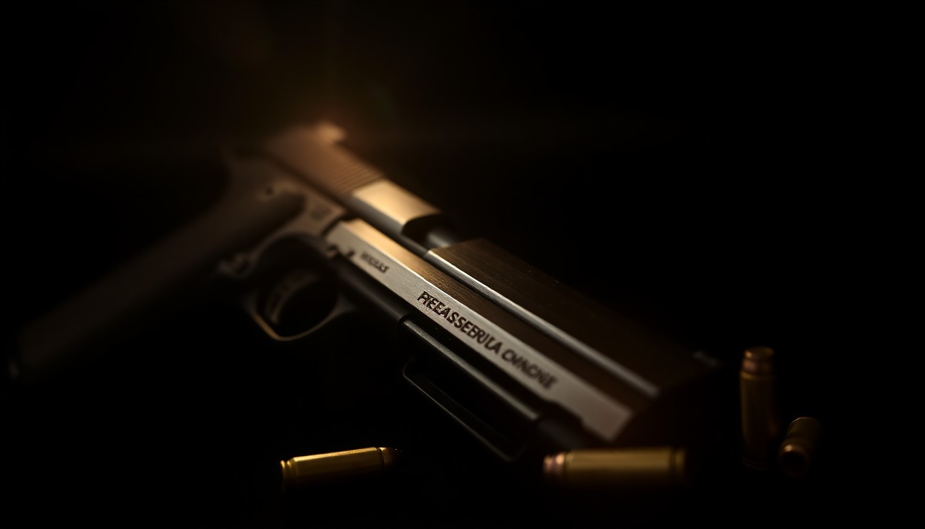 An extreme close-up photograph of a handgun magazine and bullets, the metal and cartridges sharply illuminated by a harsh, direct camera flash against a pitch-black background, creating a stark, gritty, investigative aesthetic.