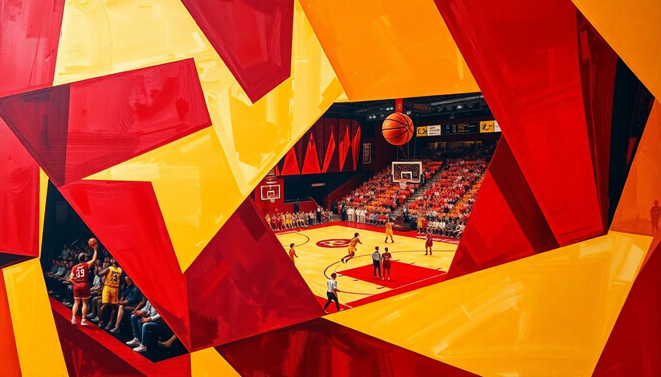 A fragmented, geometric painting in shades of red and gold, dynamically capturing the motion and action of a women's basketball game.