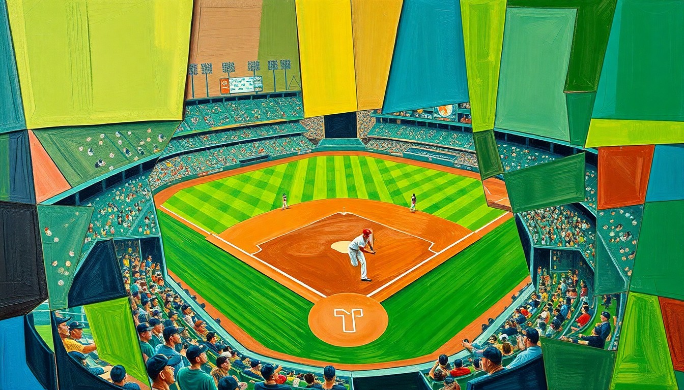 A fragmented, geometric painting depicting the dynamic movements and energy of a baseball game, with overlapping planes of green, brown, and blue hues.