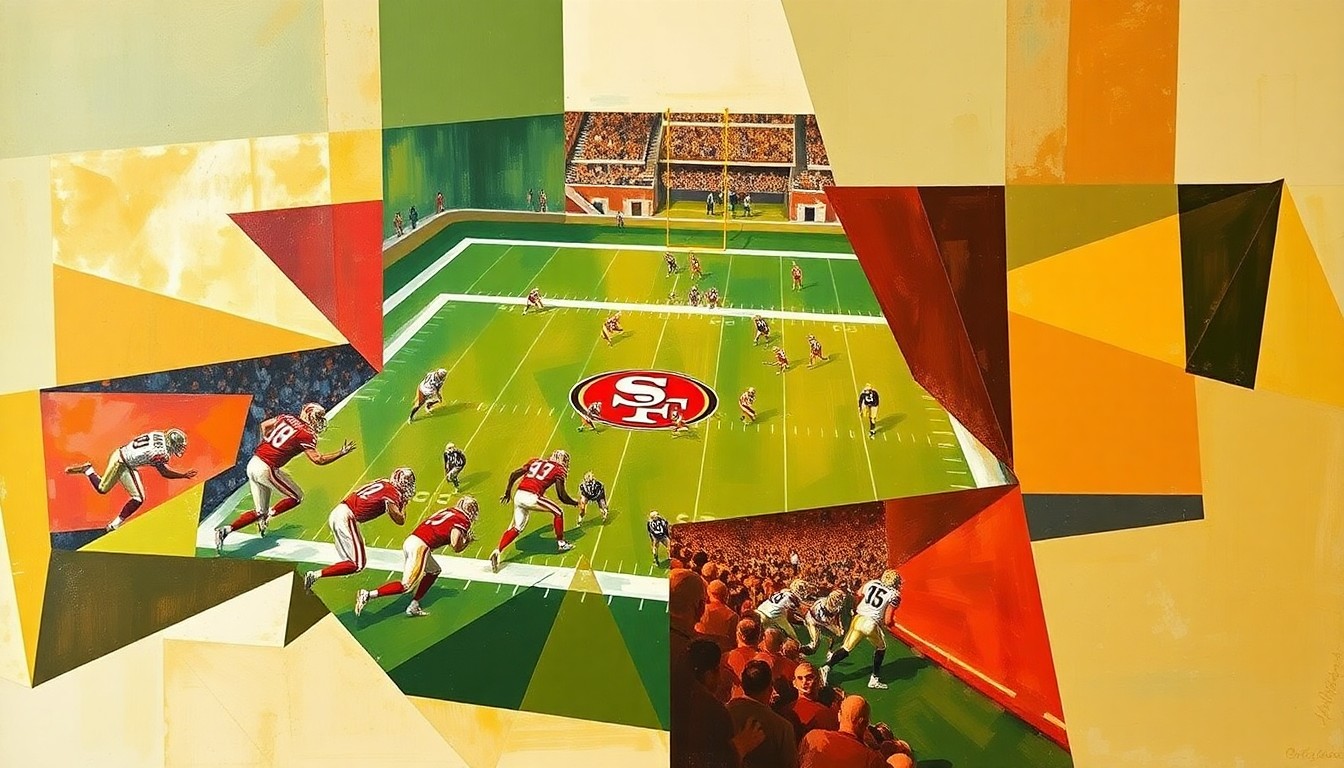 A cubist, geometric painting depicting a fragmented football game, with the players and field broken down into overlapping planes of green, gold, and red, capturing the dynamic energy of the sport.