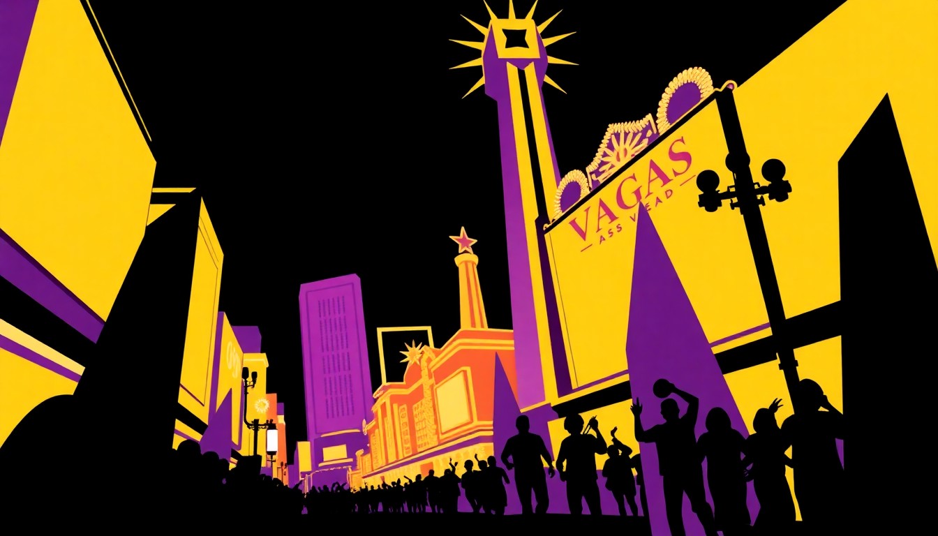 An abstract, minimalist composition of jagged, geometric shapes in shades of purple, gold, and black, conceptually representing the energy and celebration of a music-themed parade on the Las Vegas Strip.