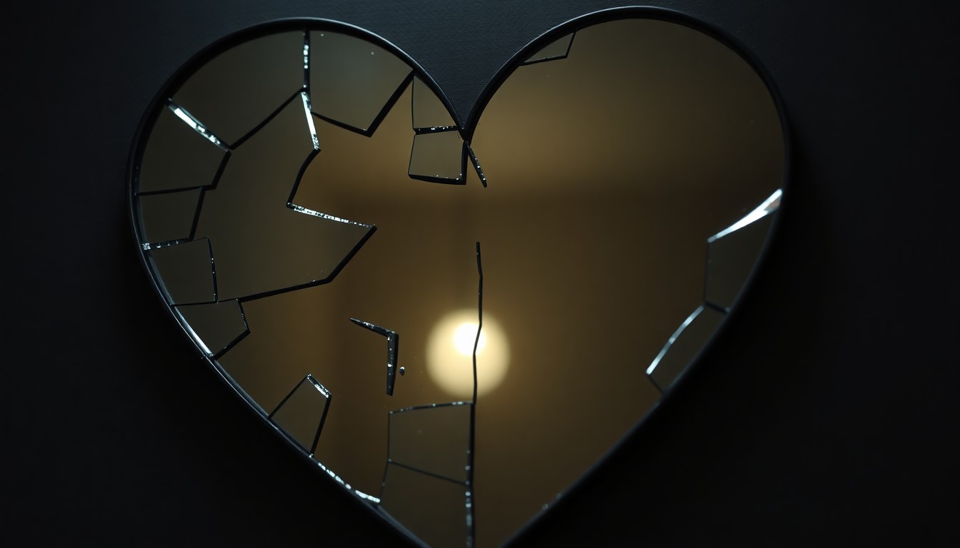 An abstract close-up image of a cracked, reflective surface in muted tones, conveying a sense of emotional fragility and the aftermath of a relationship's end.
