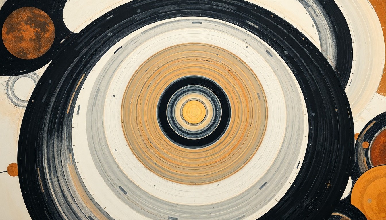 A highly structured abstract painting in soft, flat colors depicting sweeping geometric arcs, concentric planetary circles, and precise botanical spirals, conceptually representing the complex scientific forces and concepts related to the relativity of space and time.