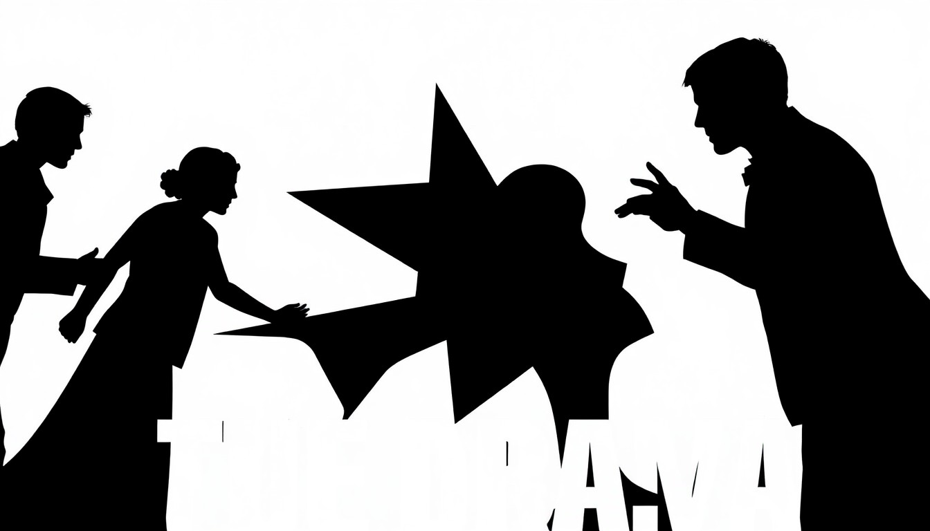 An abstract, minimalist illustration featuring stark, jagged geometric shapes and heavy black silhouettes, conceptually representing the unexpected and unsettling revelation in the film 'The Drama'.