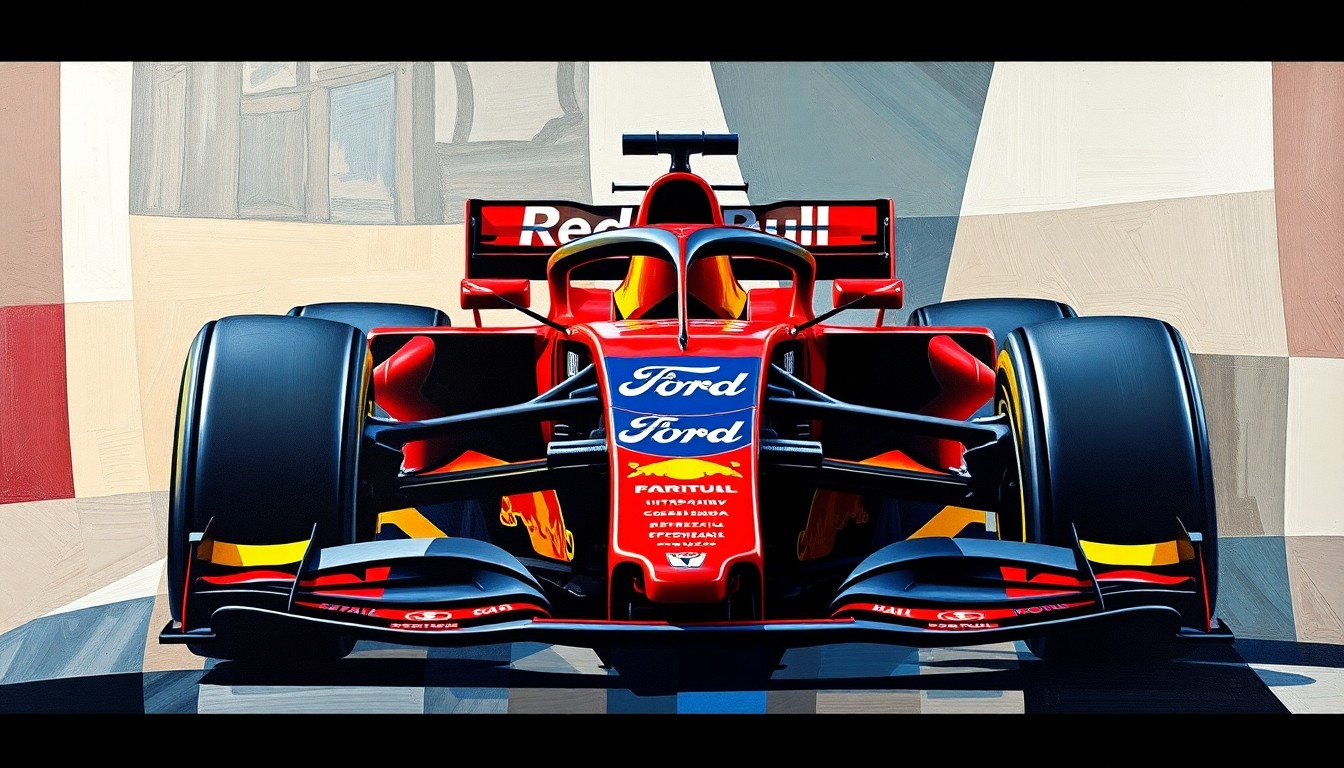 A fractured, multi-perspective painting in vibrant colors depicting the new Red Bull Formula 1 car design, with sharp geometric planes and overlapping shapes conceptually representing the technical changes and competitive landscape of the upcoming season.