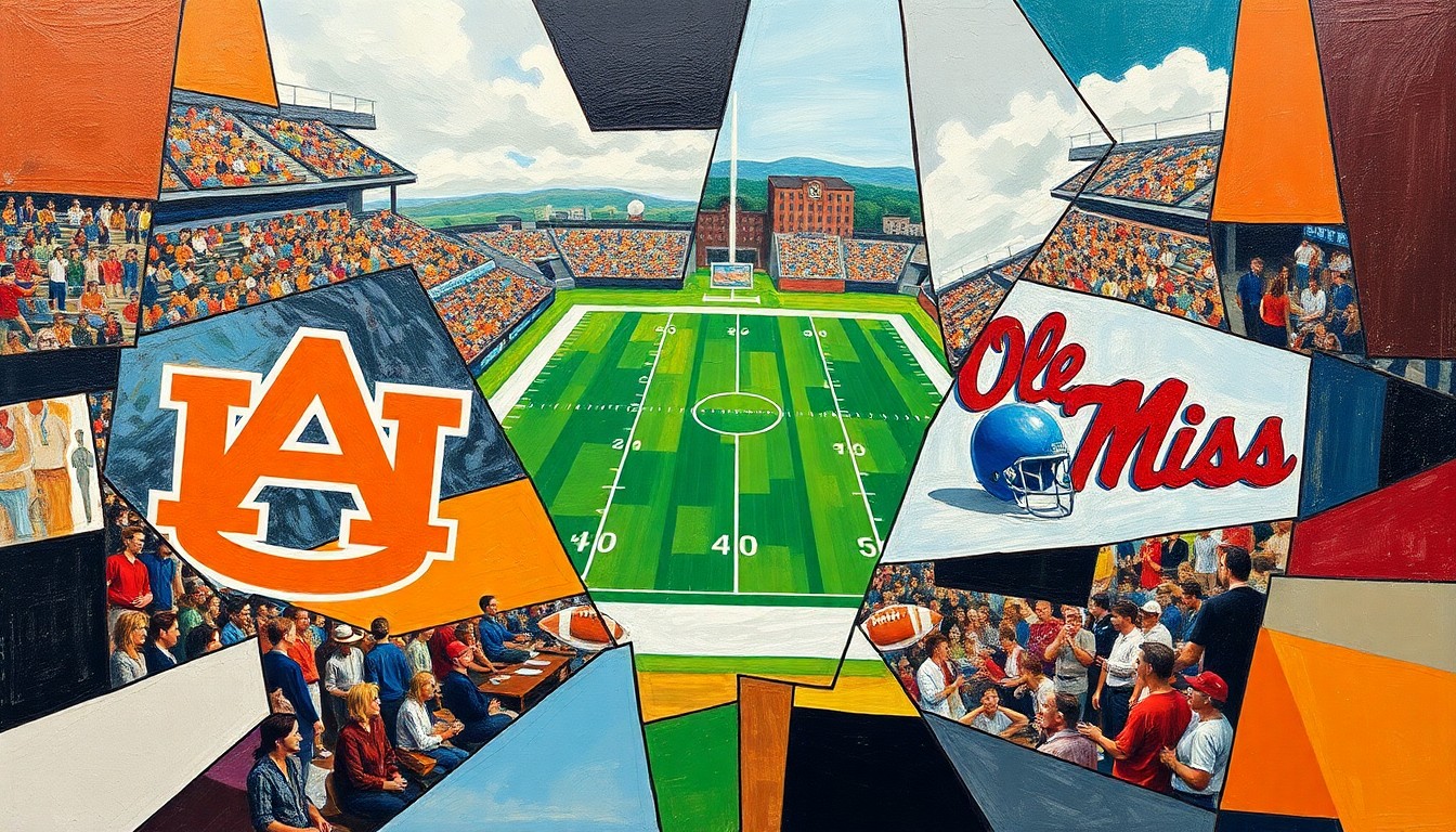A cubist, geometric painting depicting a college football game or match between Auburn and Ole Miss, with the players and field broken down into sharp, overlapping planes of color and shape.