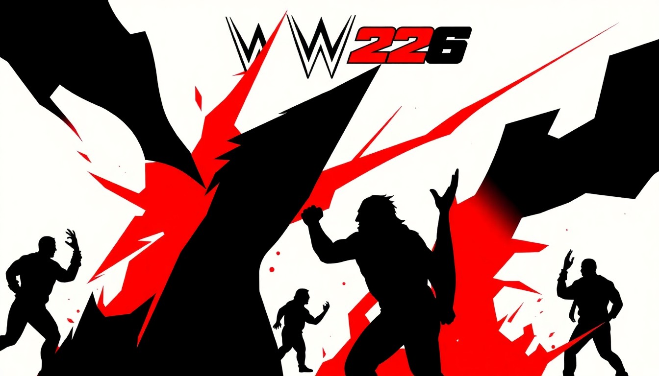A bold, abstract illustration featuring jagged, geometric shapes in high-contrast colors, representing the intense and chaotic energy of the new match types in WWE 2K26.