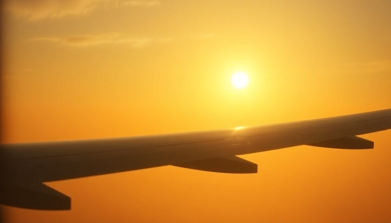 An extremely abstracted, out-of-focus photograph of an airplane wing against a warm, golden sky, with a faint silhouette of a newborn baby cradled in the foreground, conceptually representing the unexpected birth of a child during an international flight.