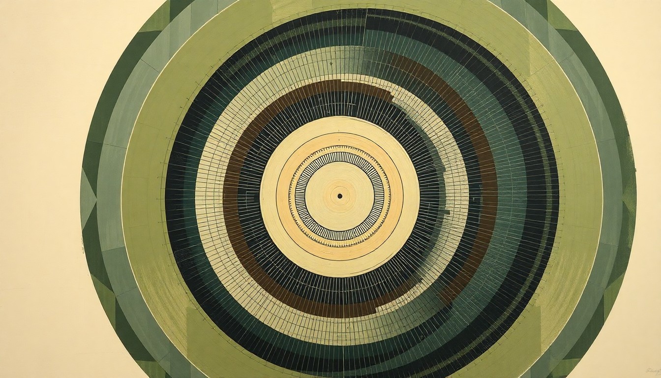 A highly structured abstract painting in earthy tones of green, brown, and blue, featuring sweeping geometric arcs, concentric circles, and precise spirals, conceptually representing the complex scientific forces and innovations behind the Natrium sodium-cooled fast reactor technology.