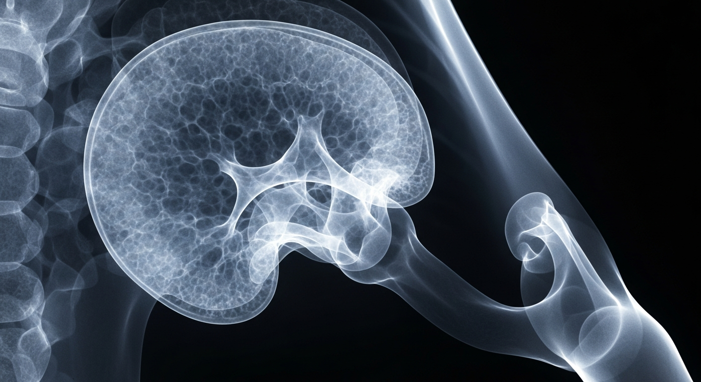 An abstract, ghostly X-ray image revealing the intricate internal structure of a prostate gland, conceptually representing the study's findings on how a diabetes drug may provide exercise-like metabolic benefits for prostate cancer patients.
