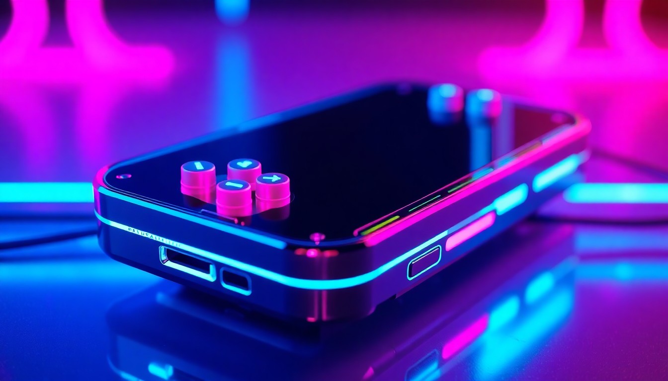A highly detailed, glowing 3D illustration of a futuristic mobile gaming device, with neon cyan and magenta lights illuminating its sleek, geometric design. The conceptual image captures the melancholy of a beloved franchise's mobile game shutting down, grounding the story in a high-tech, cyberpunk-inspired aesthetic.