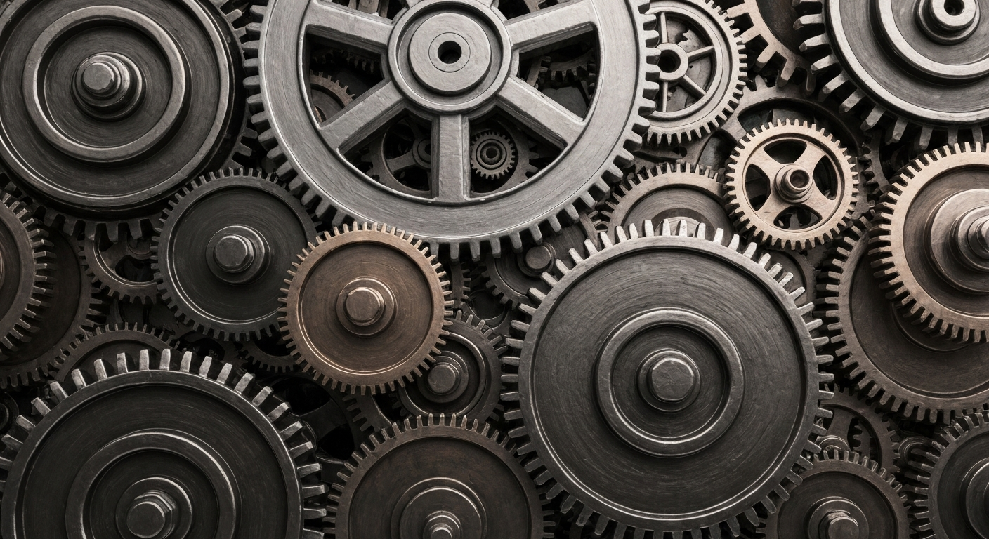 An extreme close-up of heavy, industrial machinery in shades of steel grey, bronze, and black, representing the complex financial infrastructure and institutional forces behind global retail brands.