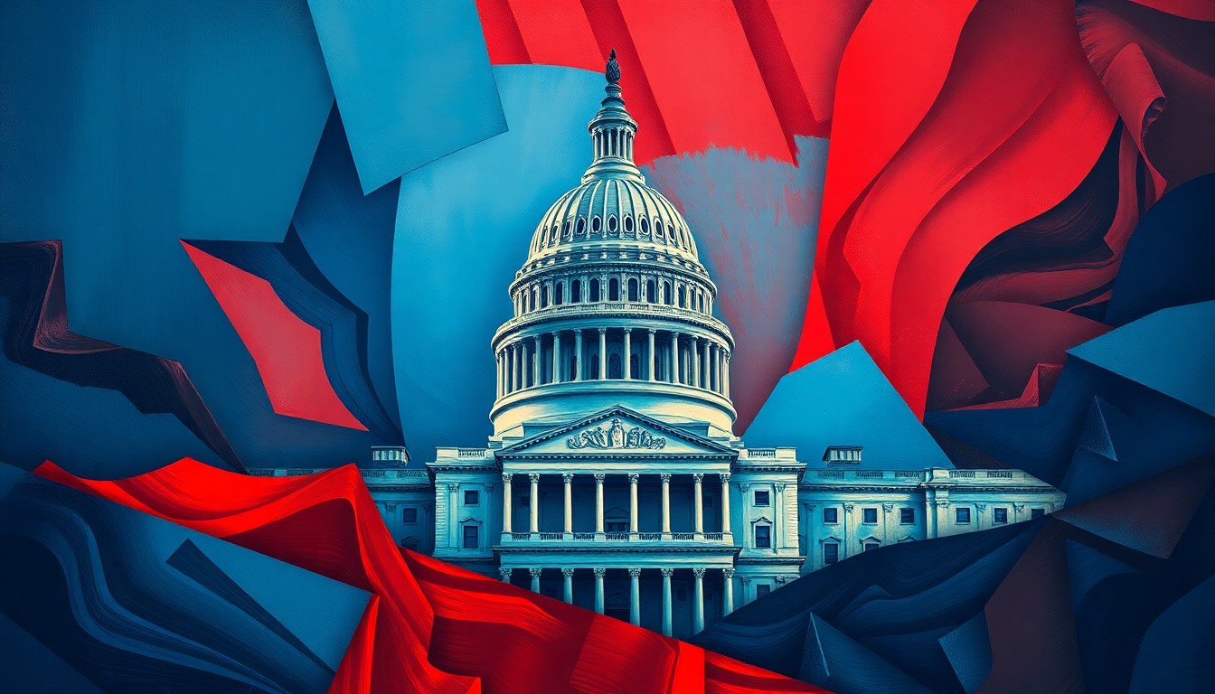 A dynamic, abstract painting featuring the U.S. Capitol building in a fractured, geometric style, with overlapping waves of deep blue, crimson red, and metallic gold, conveying a sense of political turmoil and uncertainty.