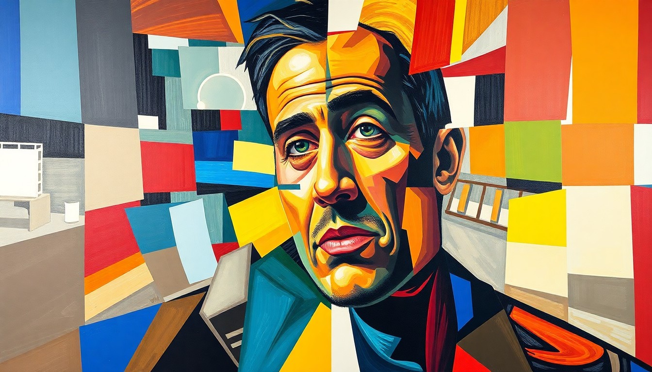 A fractured, geometric painting in the style of Pablo Picasso, with overlapping planes of vibrant colors representing the dynamic and ever-changing nature of sports journalism.