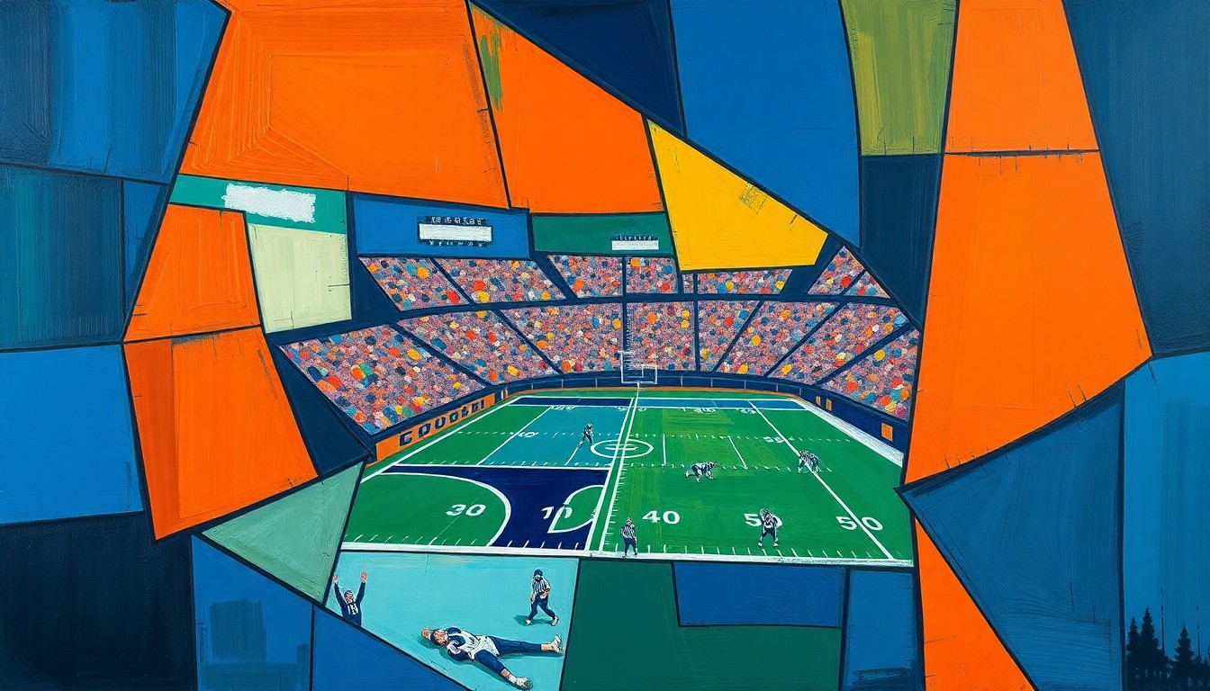 A cubist, geometric painting depicting fragmented and overlapping shapes in shades of blue, orange, and green, representing the complex decision-making process of the Detroit Lions' 2026 NFL Draft pick.