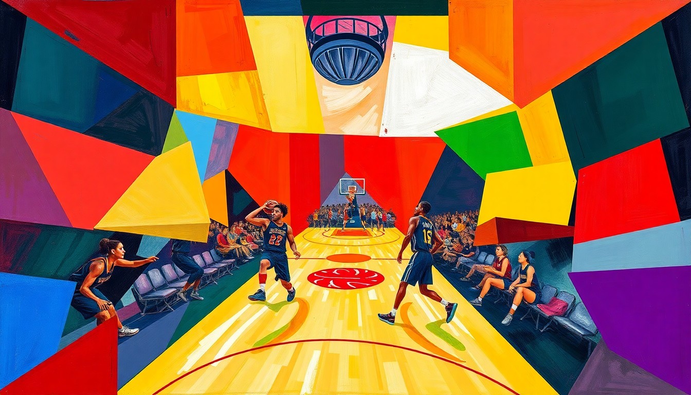 A cubist, geometric painting depicting a WNBA basketball game, with the players and court broken down into sharp, overlapping planes of color, capturing the dynamic and evolving nature of the league's negotiations.
