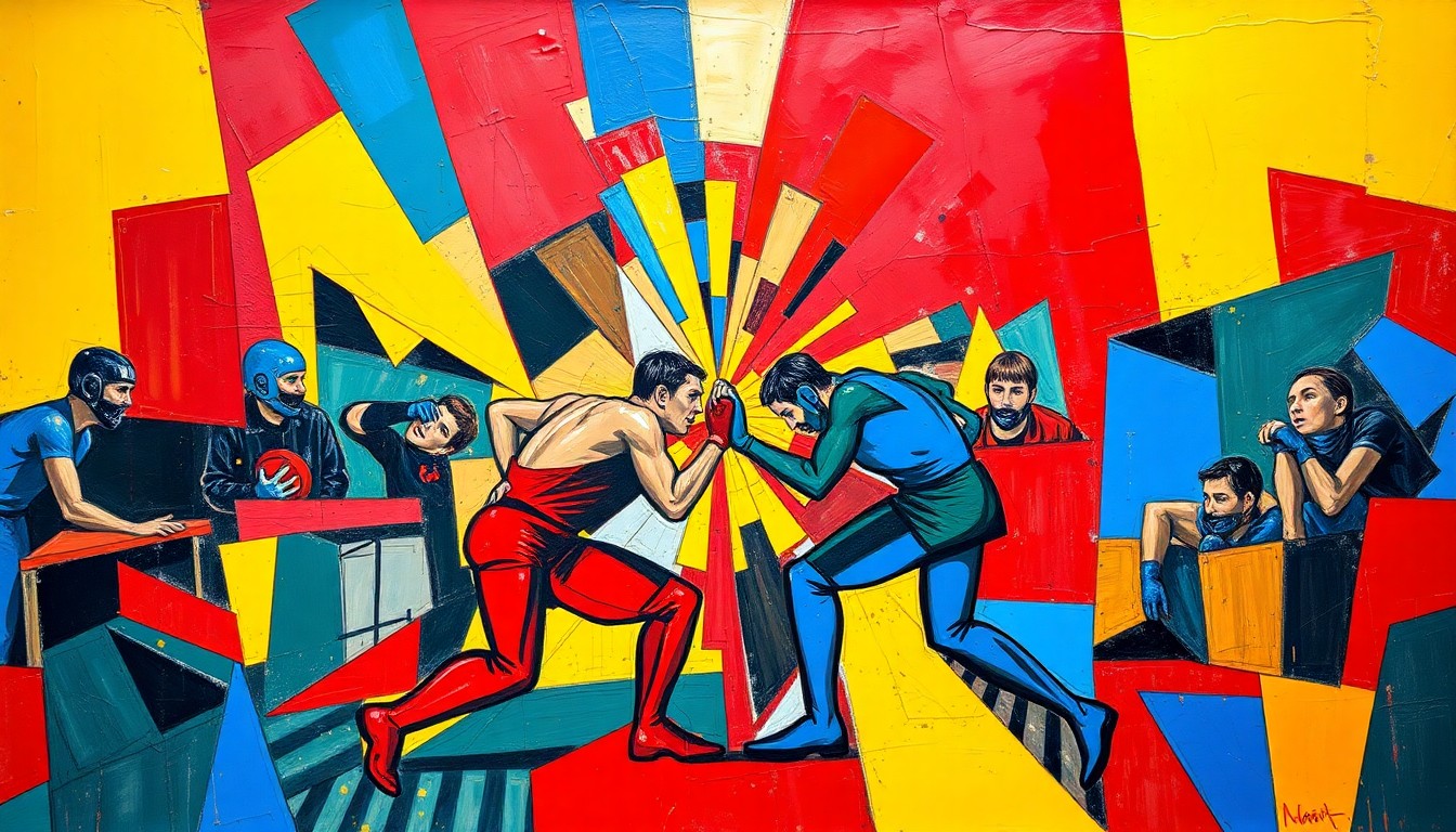 A cubist-style painting depicting a chaotic wrestling match, with overlapping geometric shapes and planes in vibrant colors representing the intense action and emotions of the event.