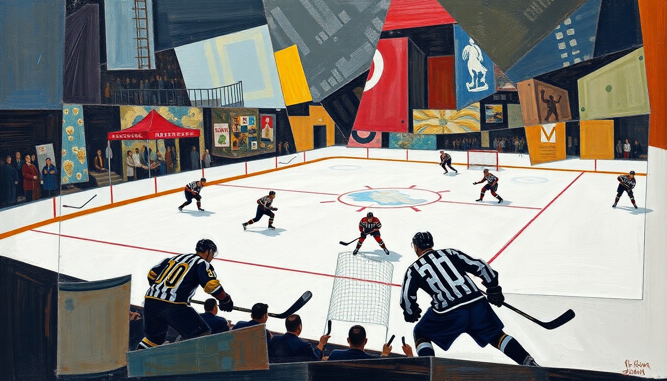 A cubist, geometric painting depicting a hockey game, with players and the puck fragmented into sharp, overlapping shapes in a vibrant color palette, conveying the dynamic energy and competition of the sport.