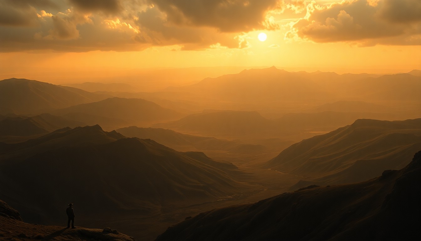 A vast, atmospheric landscape painting in muted earth tones, with a dramatic, hazy sky dominating the frame and casting a warm, golden glow over the distant rolling hills and sparse buildings below.