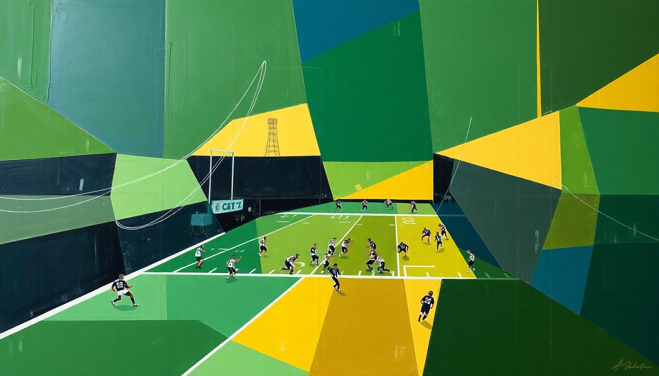 A cubist, geometric painting depicting a fractured, multi-perspective view of a football game or practice, with sharp, overlapping planes of green, gold, and navy blue, conceptually representing the complex human dynamics within a sports team.