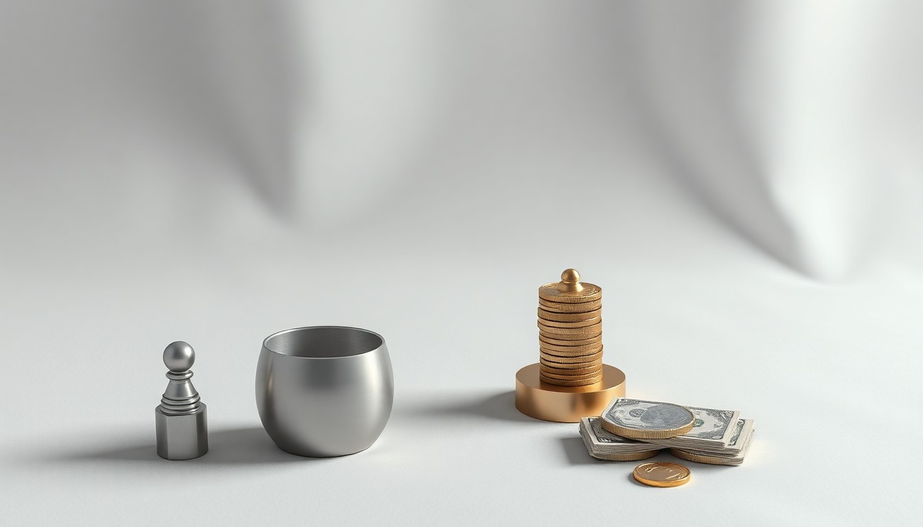 A minimalist, photorealistic studio still life featuring a collection of premium, geometric objects arranged elegantly on a clean, monochromatic background, conceptually representing the complex dynamics of European corporate markets.