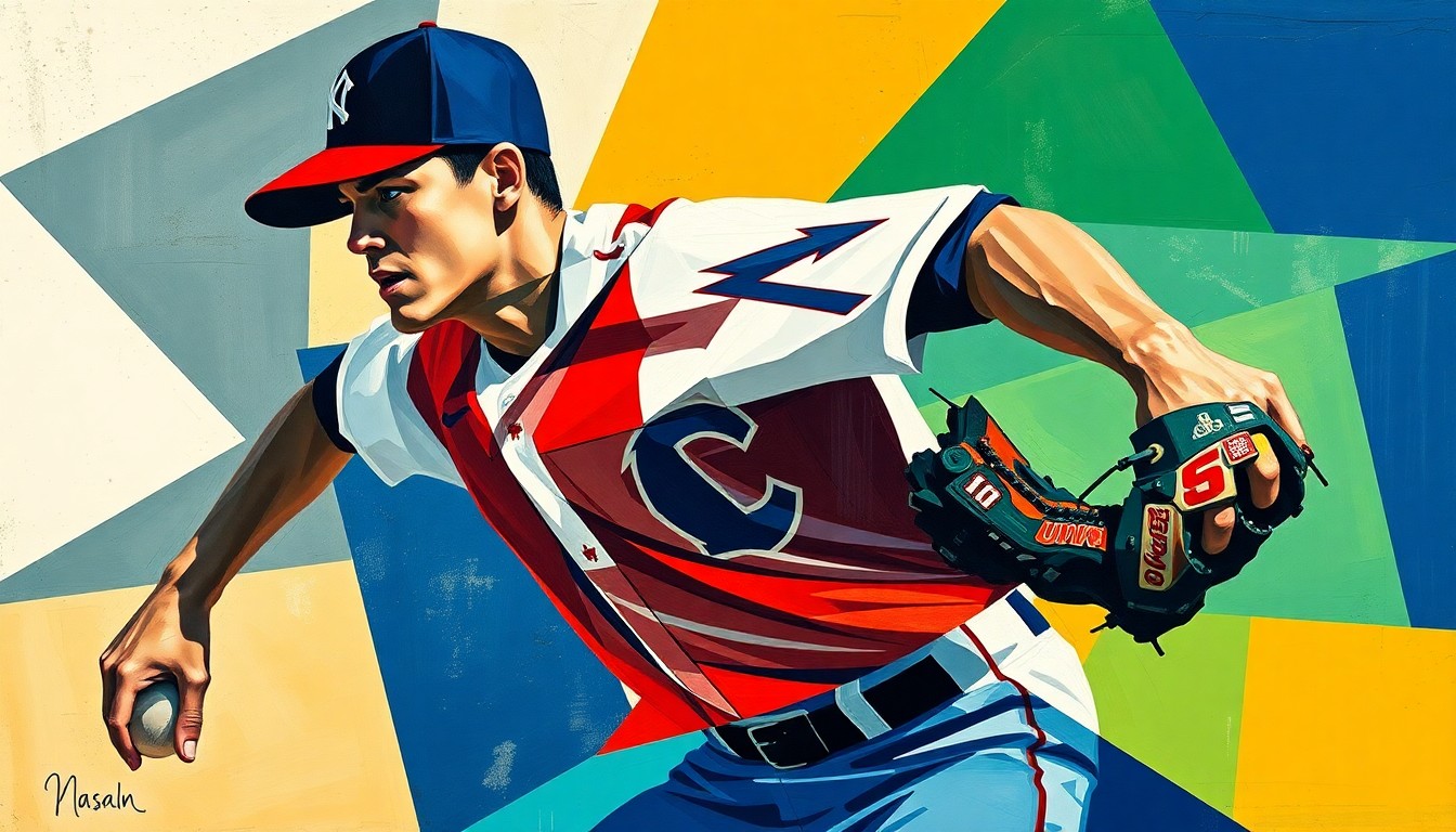 A fragmented, geometric painting depicting a baseball pitcher's motion, with sharp, overlapping shapes and planes in a vibrant color palette, conveying the analytical and strategic nature of fantasy baseball.