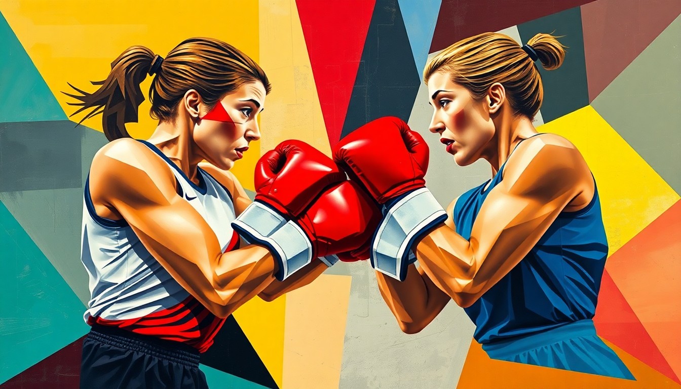 A cubist, geometric painting depicting the abstract forms of two boxers engaged in a match, their movements and expressions fractured and deconstructed into sharp, overlapping planes of color.