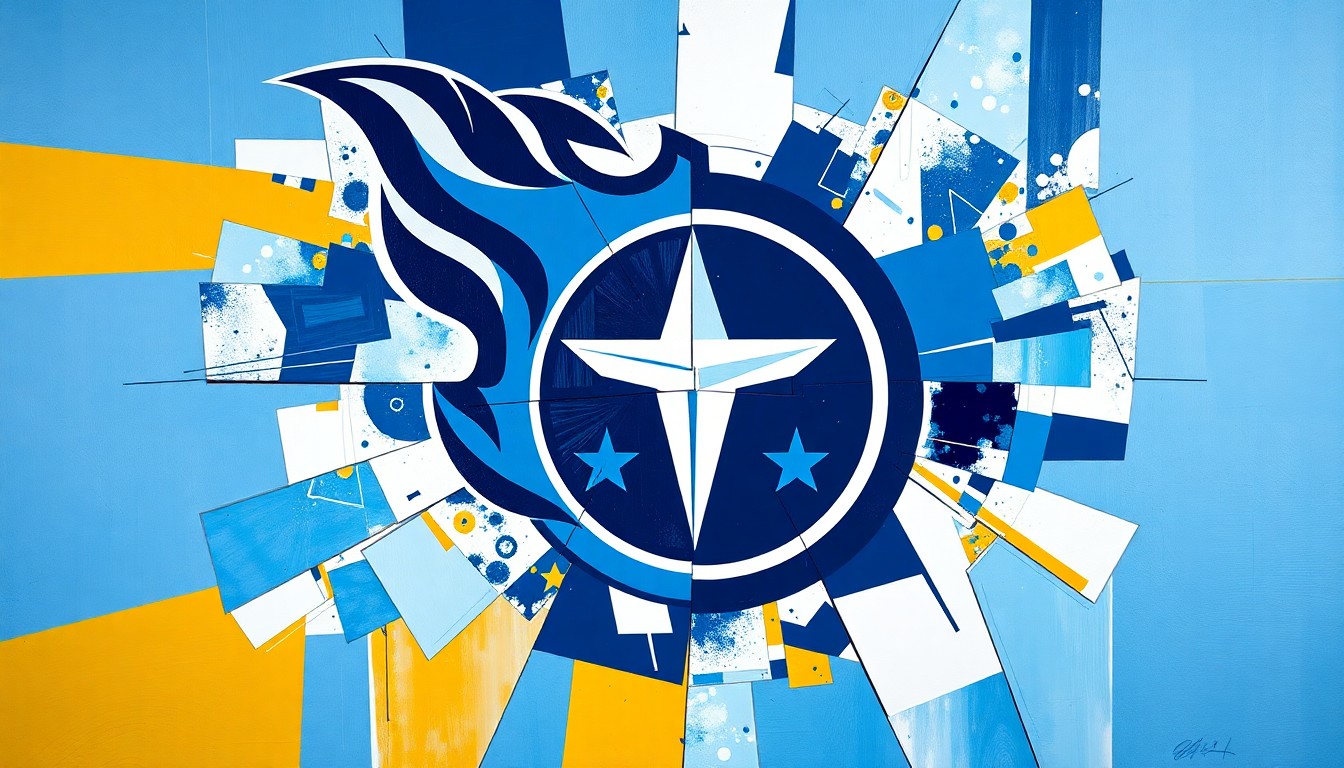 A cubist, fragmented painting depicting the Titans' new logo, uniforms, and brand elements in a dynamic, multi-angled composition using shades of blue, white, and gold.