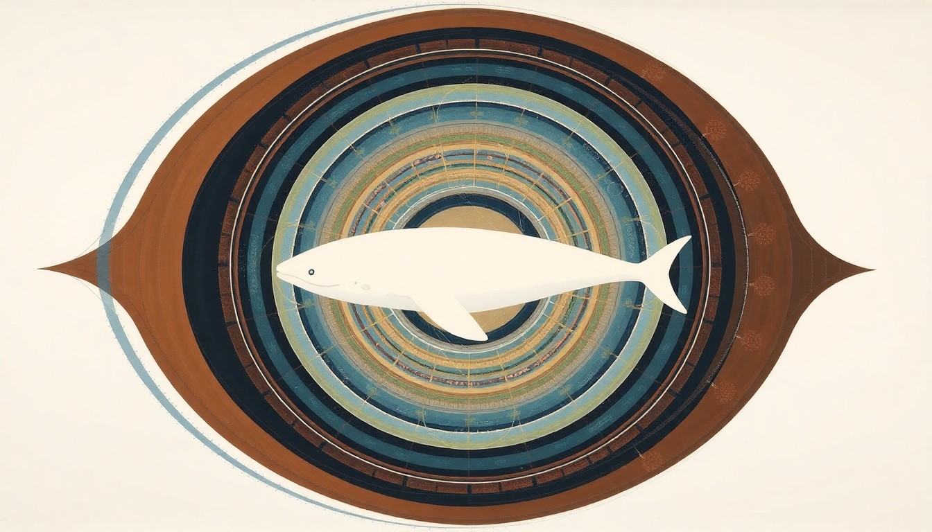 A highly structured abstract painting in soft, flat colors featuring sweeping geometric arcs, concentric circles, and precise botanical spirals, conceptually representing the complex scientific and logistical forces involved in the relocation of 30 beluga whales.