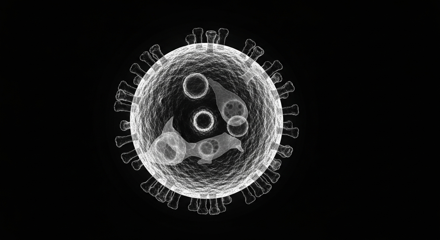 A translucent, ghostly X-ray image of the internal structure of a measles virus particle, conveying the clinical and scientific nature of the health issue through an artistic, high-contrast visual style.