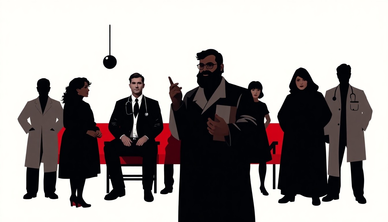 A bold, abstract composition of jagged, geometric shapes in striking red and white, conceptually representing the medical setting and iconic characters of the Trapper John, M.D. spin-off.