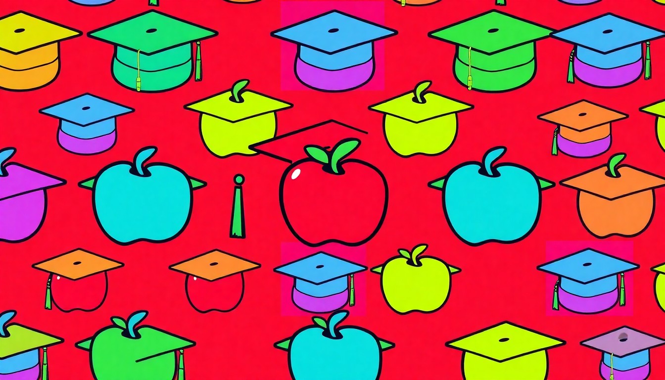 A brightly colored, high-contrast silkscreen print of a single, iconic school object such as a graduation cap or apple repeated in a tight grid pattern, conceptually representing the debate over education funding and salaries.