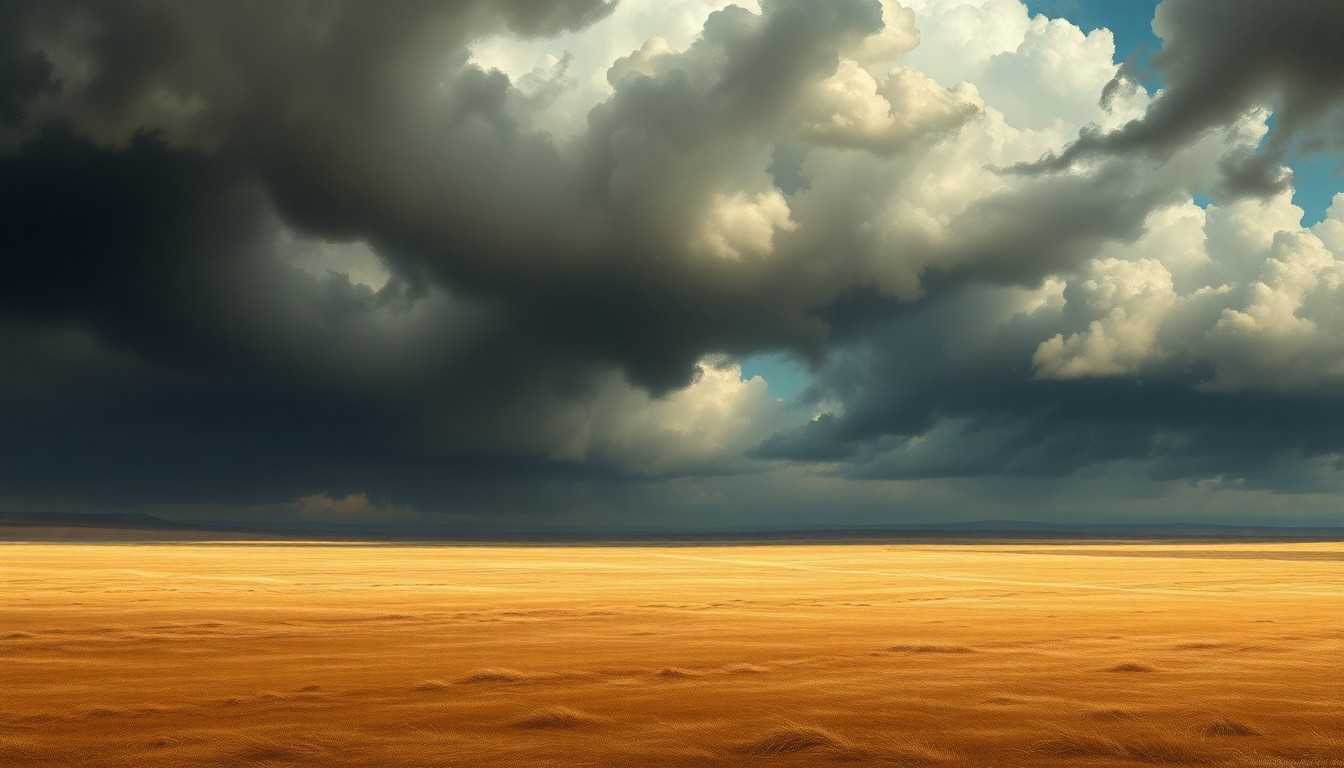 A vast, atmospheric landscape painting in muted tones of gray, brown, and blue, depicting a sweeping field under a heavy, foreboding sky filled with dramatic, swirling clouds. The scene conveys a sense of the sublime, overwhelming power of nature, with the small field dwarfed by the dramatic weather conditions above.