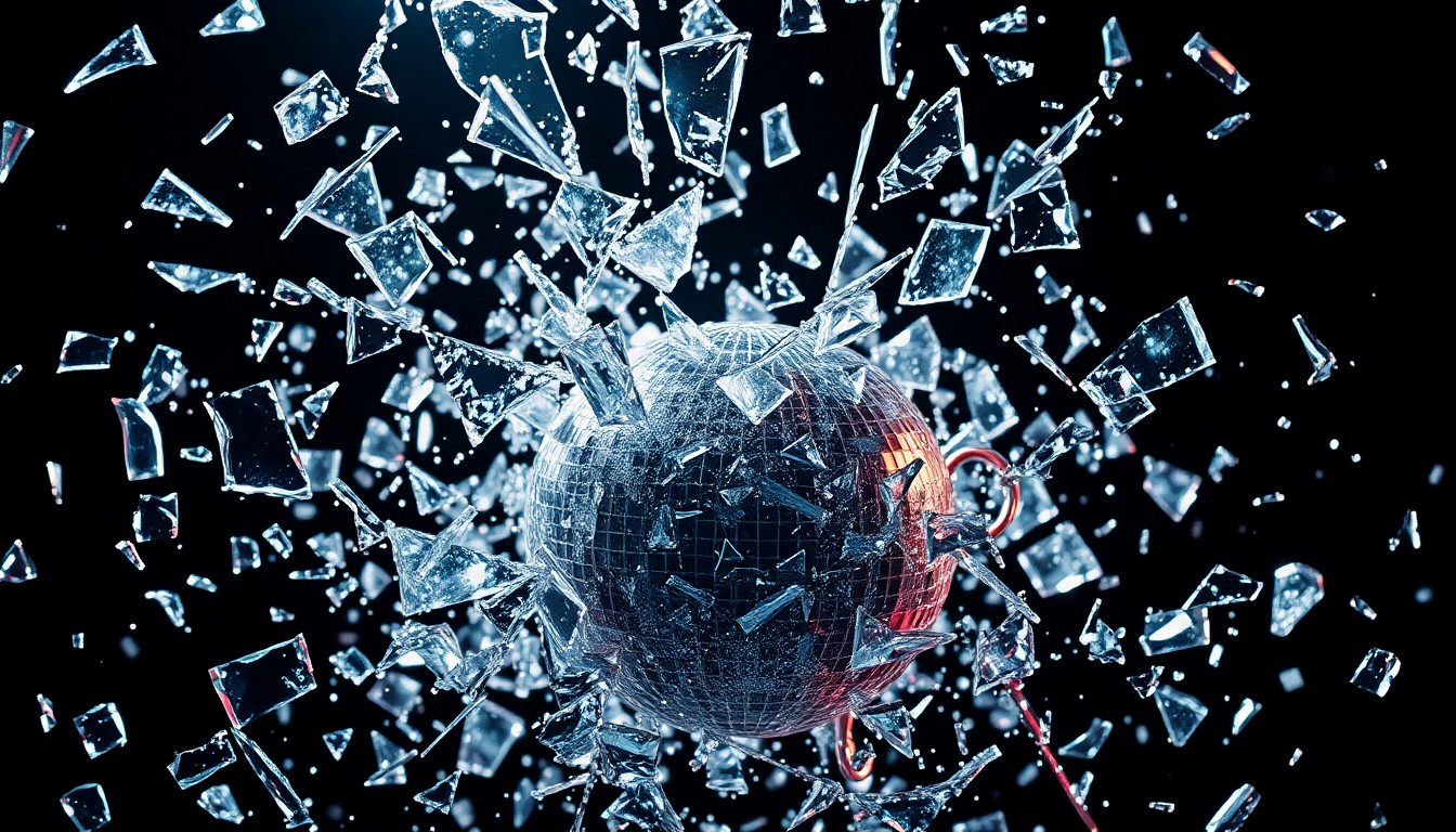 An extreme close-up of shattered glass reflecting dramatic studio lighting, conceptually representing the fragmented state of the entertainment industry.