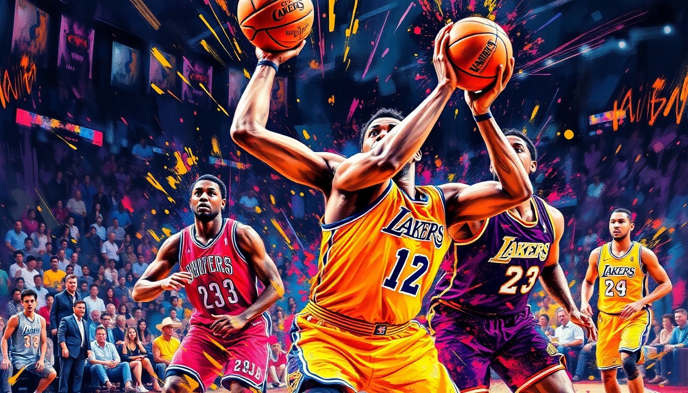 An abstract, expressionist painting in vibrant neon colors, capturing the raw energy and intensity of a high-stakes NBA game, with players' forms dissolved into dynamic brushstrokes and splashes of color.