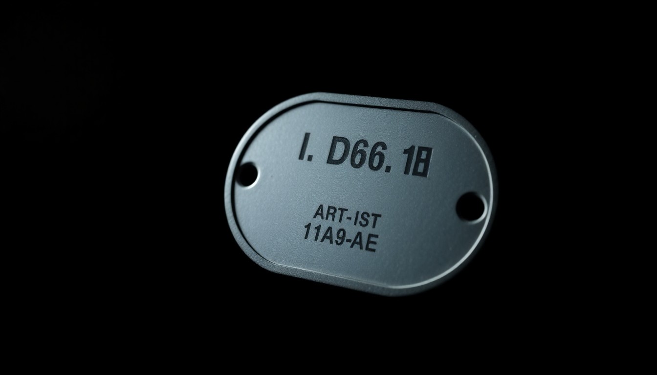 An extreme close-up photograph of a military-issued dog tag or ID card, the metal surface reflecting the harsh lighting and creating a dramatic, investigative aesthetic.