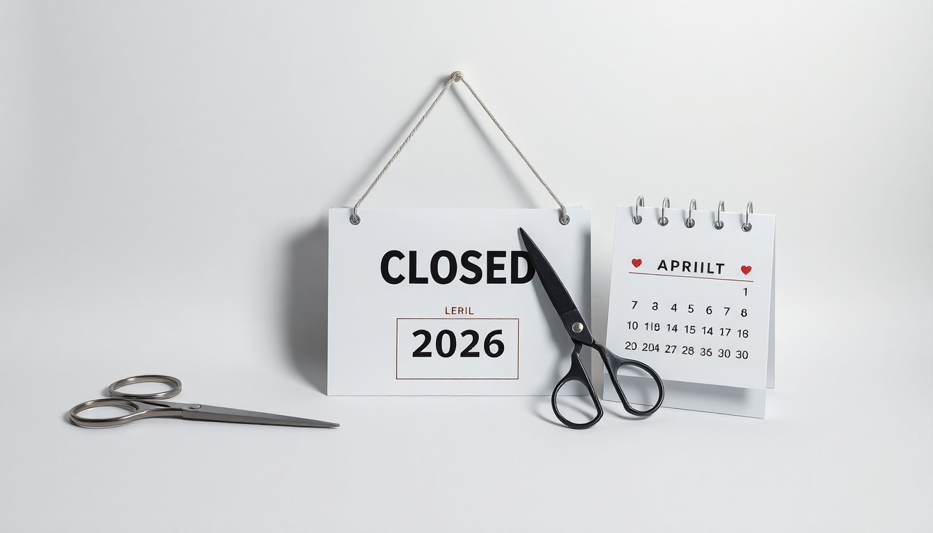 A high-end, photorealistic studio still-life photograph featuring a closed sign, a pair of scissors, and a calendar showing the date April 5th, 2026, arranged elegantly on a clean, monochromatic seamless background. The objects represent the closure of major retail stores for the Easter holiday, using sharp, dramatic studio lighting and deep shadows to convey the abstract concepts of respect for cultural traditions, work-life balance, and community values in the retail industry.