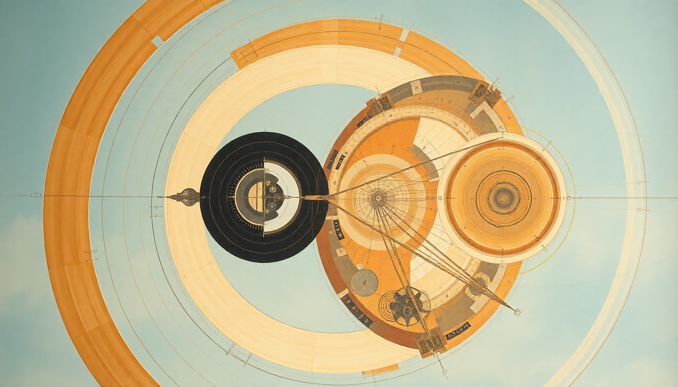 A highly structured abstract painting in soft, earthy tones depicting the intricate systems and forces at work within the Orion spacecraft, conveying the resilience and problem-solving capabilities of the mission.