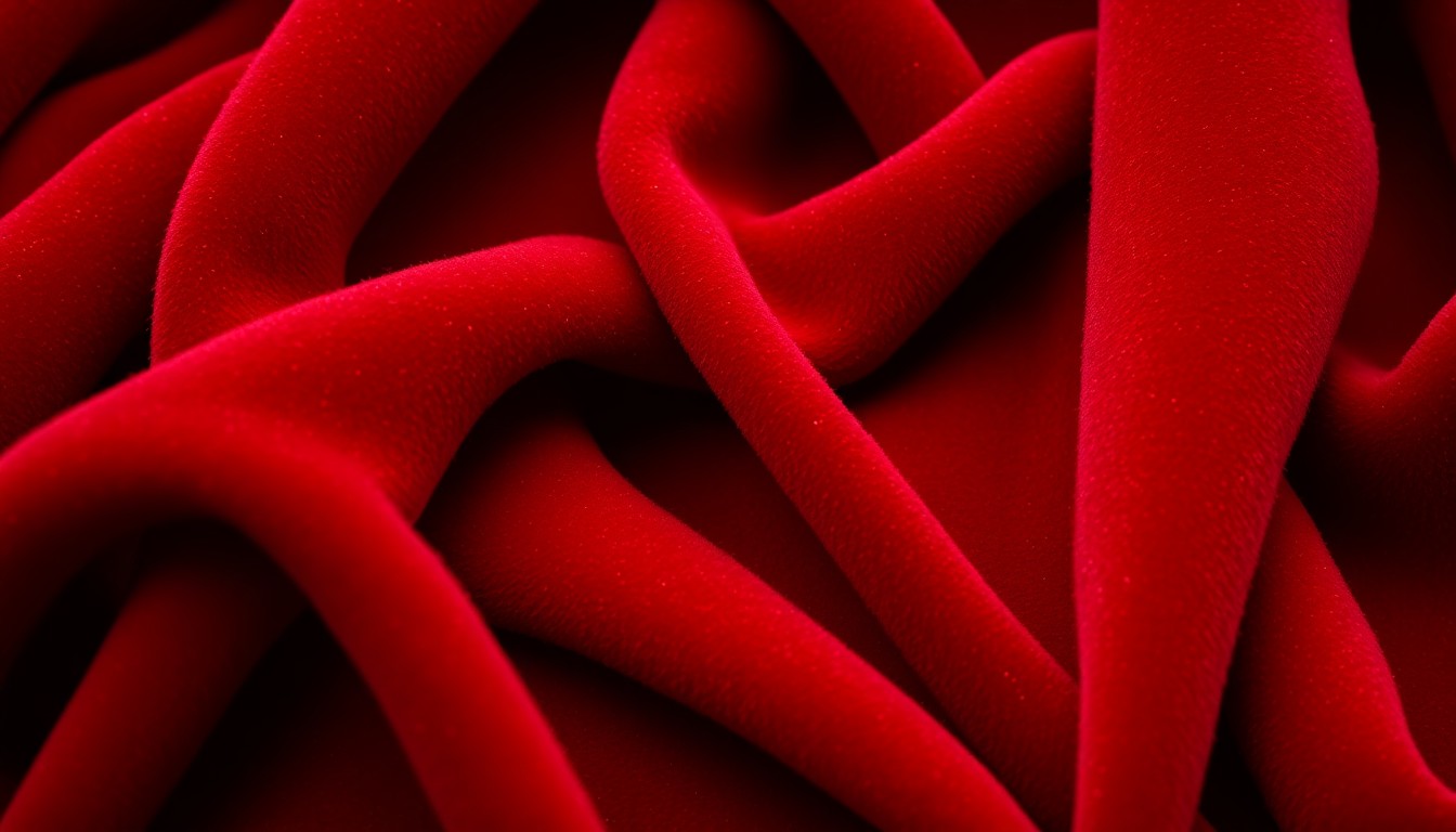 An extreme close-up photograph of lush, deep red velvet fabric, capturing the luxurious texture and materiality with dramatic studio lighting to create a high-fashion, glamorous aesthetic.