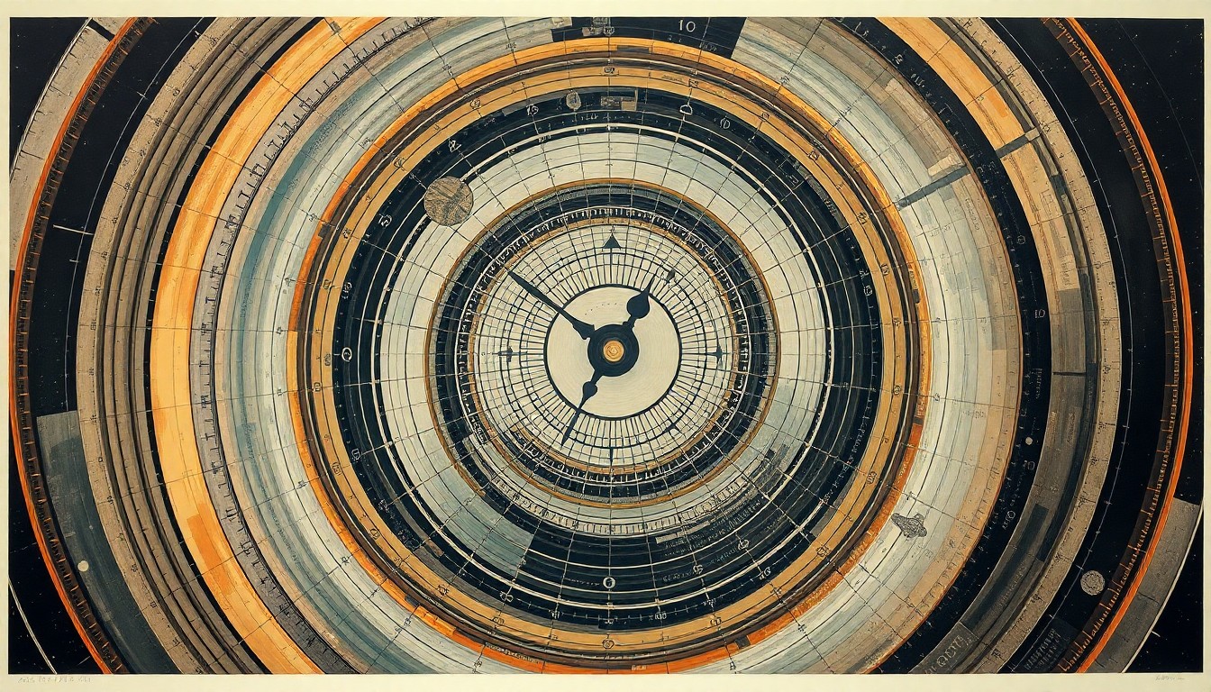 An abstract, highly structured painting in soft, flat colors depicting the intricate interplay of analog and digital timekeeping technologies, conveying the structural order of the universe without using any text or symbols.