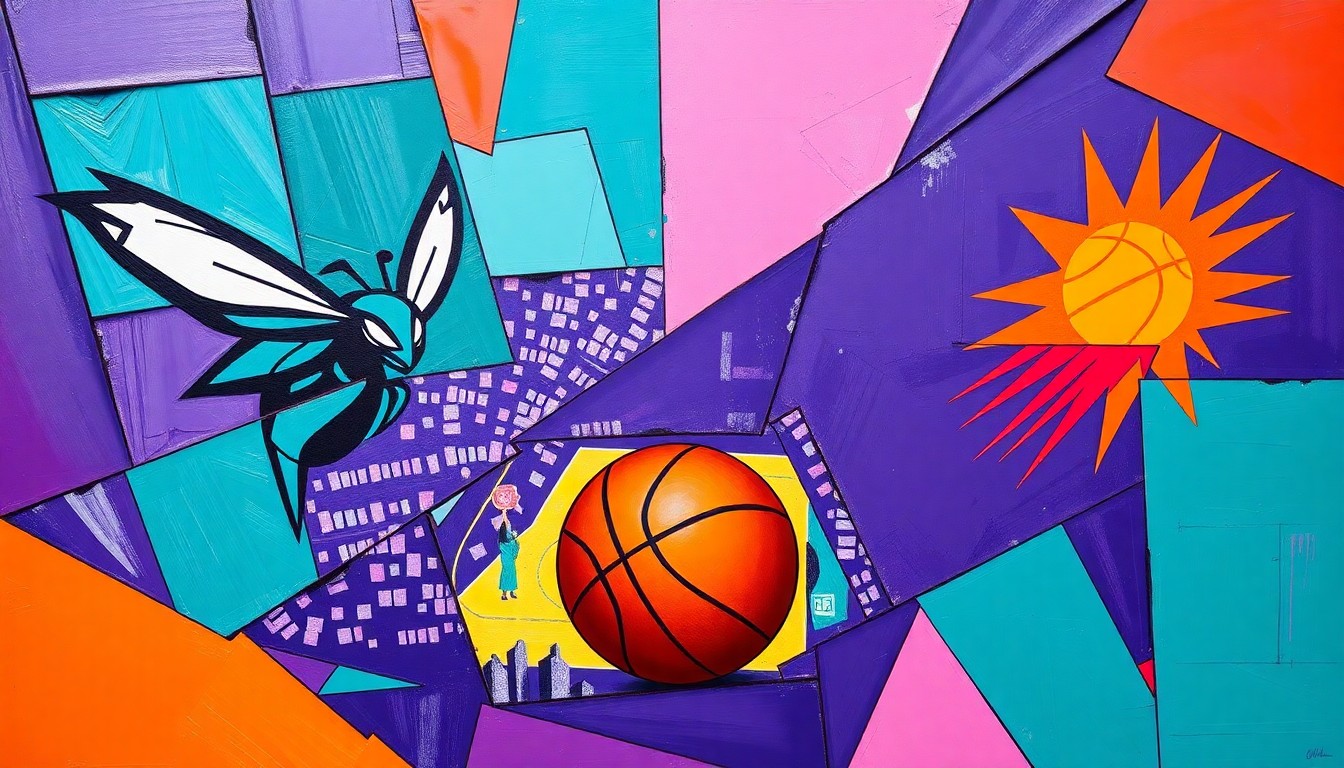 A cubist, geometric painting depicting a basketball game between the Charlotte Hornets and Phoenix Suns, with overlapping planes of teal, purple, orange, and other vibrant colors capturing the dynamic energy of the match.