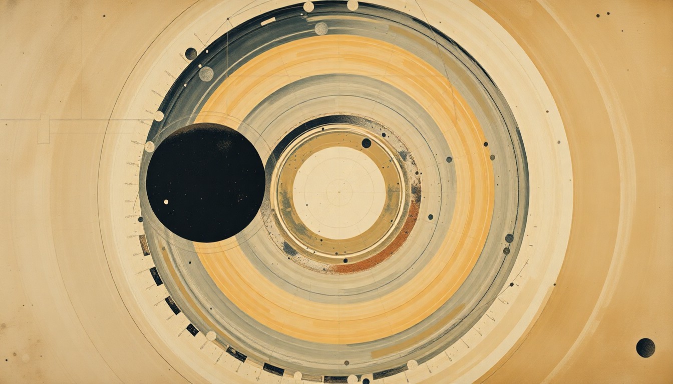 A bold, abstract painting in earthy tones featuring sweeping geometric arcs, concentric circles, and precise spirals, conceptually representing the complex forces and concepts behind the Artemis II moon mission.