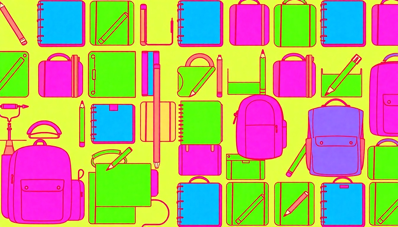 A highly stylized, abstract grid of brightly colored school supplies, conceptually representing the financial and operational pressures facing the Twin Falls School District.