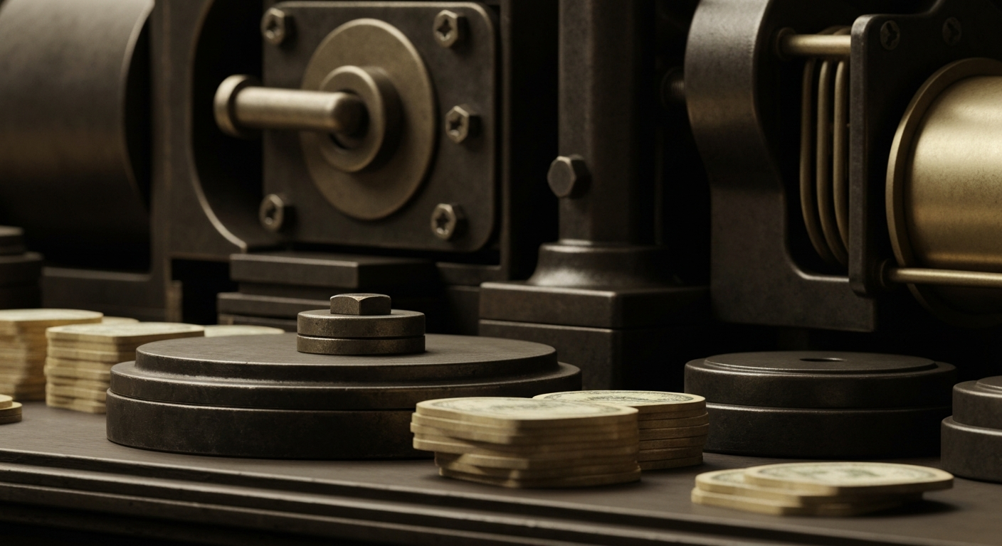 An extreme close-up of intricate, metallic banking machinery and equipment, conveying a sense of the heavy, industrial nature of the financial system and the tangible aspects of wealth storage and management.